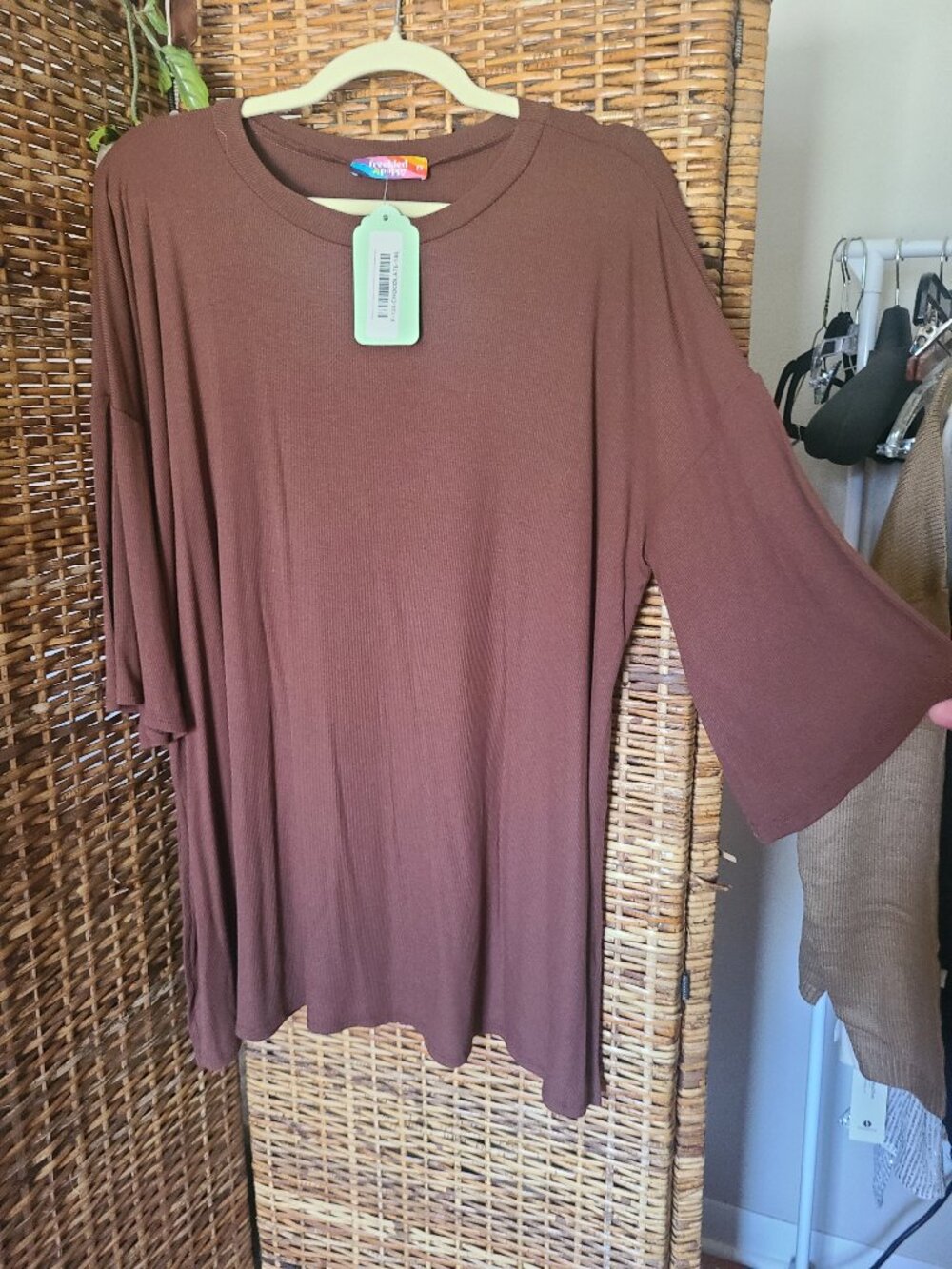 NWT Freckled Poppy Chocolate Brown Tunic Top 1X Ribbed Side Slit Bell Sleeve USA